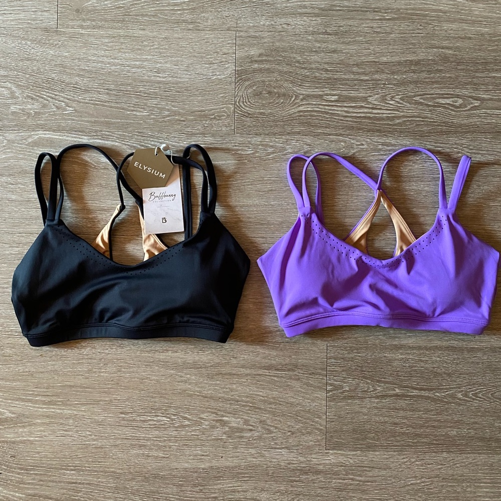 TWO INCLUDED! Black and Party Purple BuffBunny Airbrush Laser Sports Bra